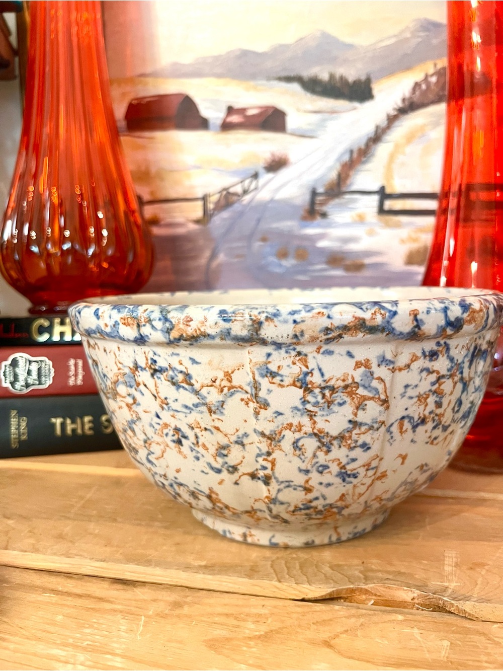 Vintage Spongeware Mixing Bowl Multicolor Rustic Stoneware Farmhouse